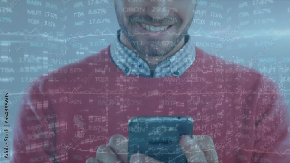 Aufkleber animation of stock market data processing and mosaic squares over caucasian man using smartphone