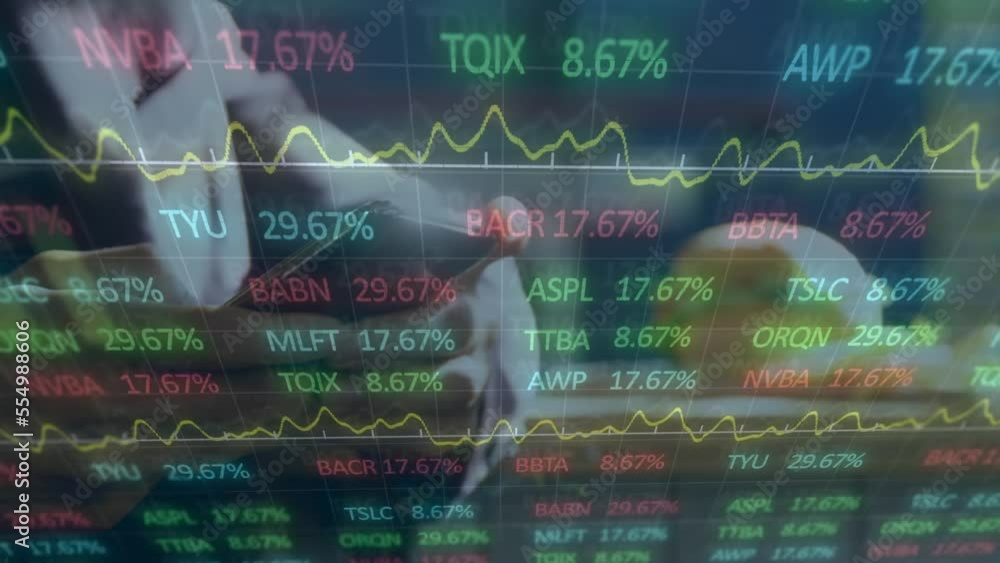 Aufkleber animation of stock market data processing over mid section of man using smartphone