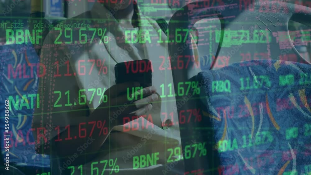 Poster animation of stock market data processing over mid section of a man using smartphone in a bus