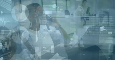 Animation of financial data processing over business people working in office - Powered by Adobe