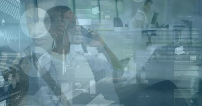 Animation of financial data processing over business people working in office - Powered by Adobe