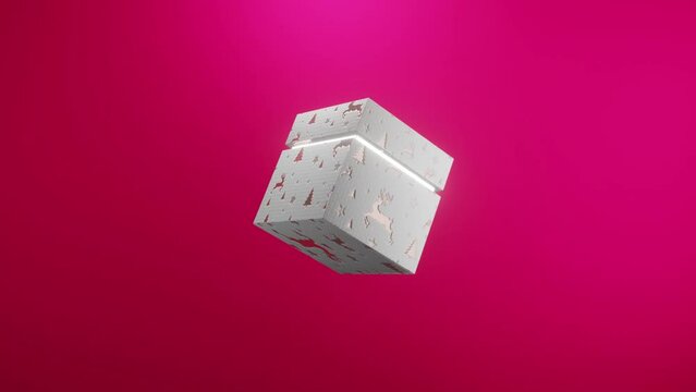 3D Christmas Ident featuring a gift wrapped box which open mid air, reveals a bright light and features Christmas motifs - reindeer, tree, star against a red background