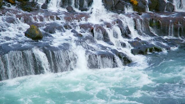 Waterfall in Iceland, Nature, Pure Turquoise Water in Mountain River, Shot in 8K Resolution 4320p