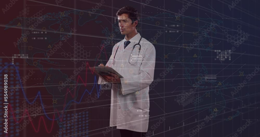 Wall mural Animation of statistics and data processing over male doctor