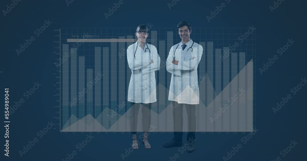 Poster animation of statistics and data processing over diverse doctors