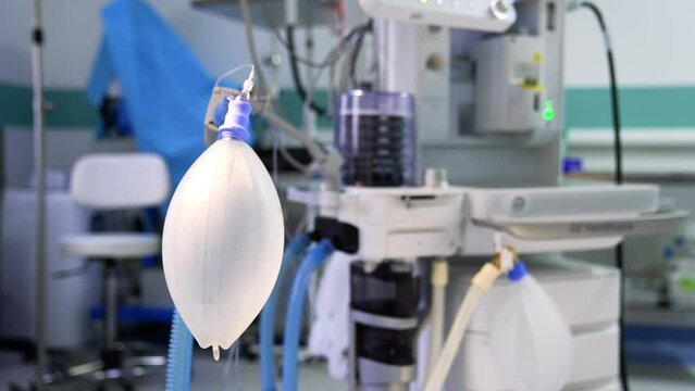 Ambu Bag For Manual Resuscitator For Artificial Ventilation Of Lungs. Electronic Machine For Lung Ventilation At Backdrop.