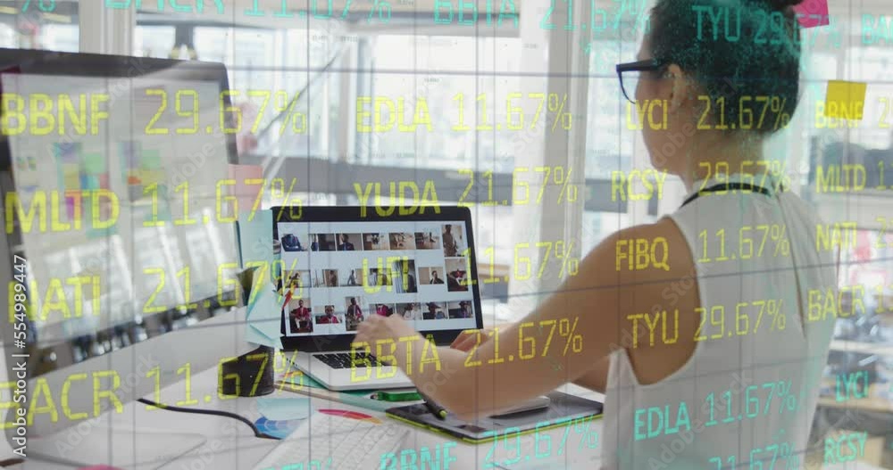 Aufkleber animation of stock market data processing over asian female graphic designer using computer