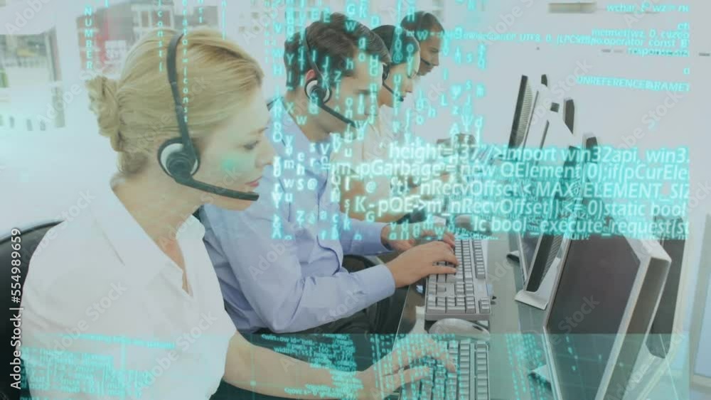 Poster animation of data processing over team of diverse customer care executives working at office
