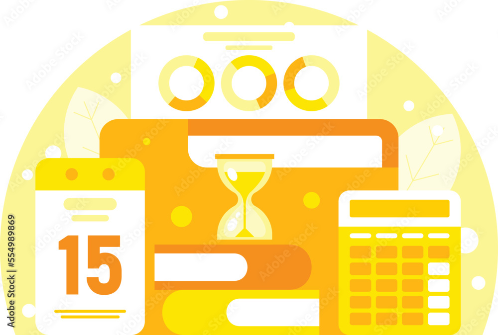 Poster work with documents. a folder with documents, a calculator, a calendar and a stack of books with an 