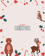Merry Christmas cute animals background