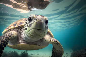 green happy smiling sea turtle swimming underwater, Portrait, illustration ai digital art style