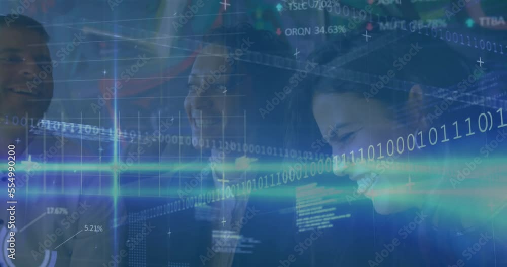 Poster animation of financial data processing and binary coding over business people working in office