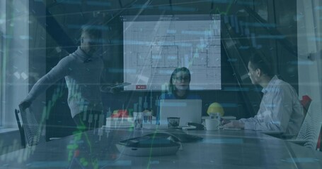 Animation of financial data processing over diverse colleagues discussing together at office - Powered by Adobe