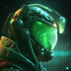 A Scientist in full protective suit and gas mask with dramatic green lighting as background in scientist lab, A woman wearing a radiation mask in a green light, AI generated art