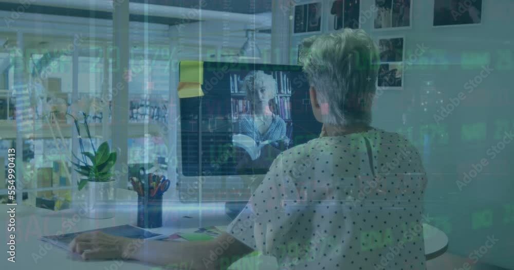 Poster animation of stock market data processing over female graphic designer using a computer