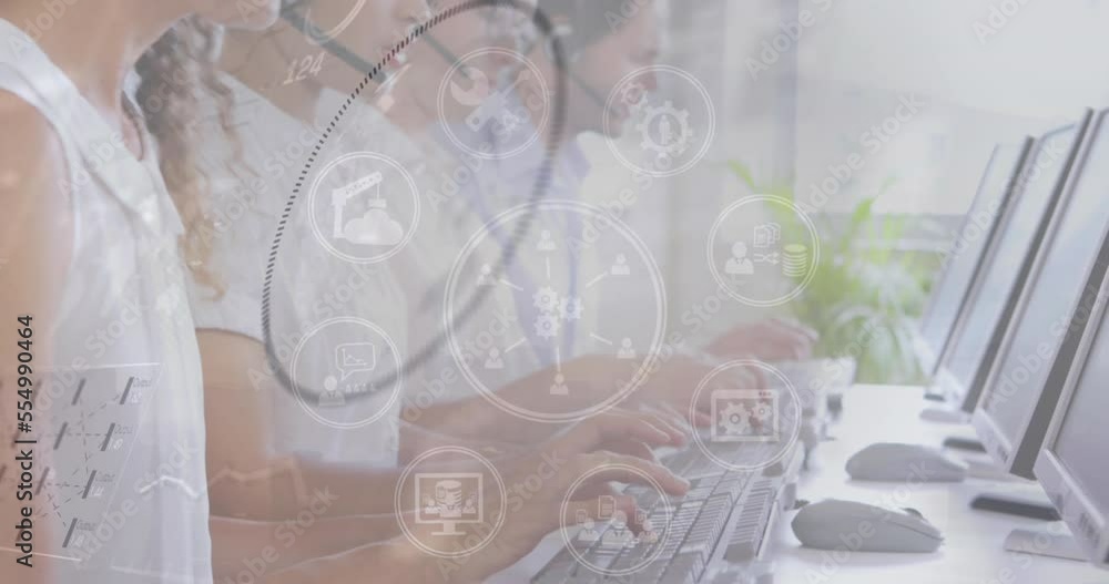 Aufkleber animation of data processing and icons over business people working in office