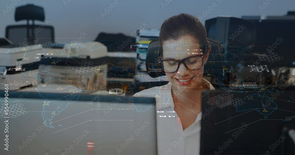 Sticker animation of data processing and world map over caucasian woman using computer at office