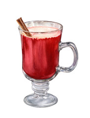 Glass of grapefruit punch, watercolor illustration isolated on white background. Alcoholic beverage, mulled wine in a glass with a cinnamon stick.