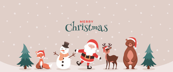 Merry Christmas animals, snowman and Santa Claus background