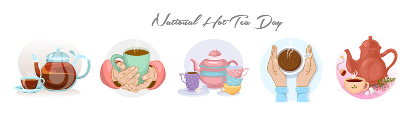 Set of hot tea on white background. International Hot Tea Day