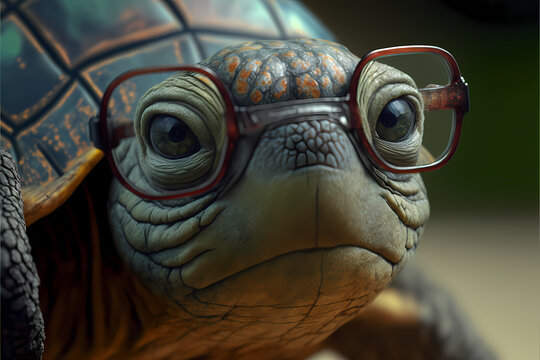 Old cute small turtle wearing glasses, bad eyesight, dark background, illustration ai digital art style