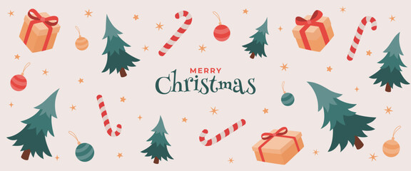 Merry Christmas gifts and trees background