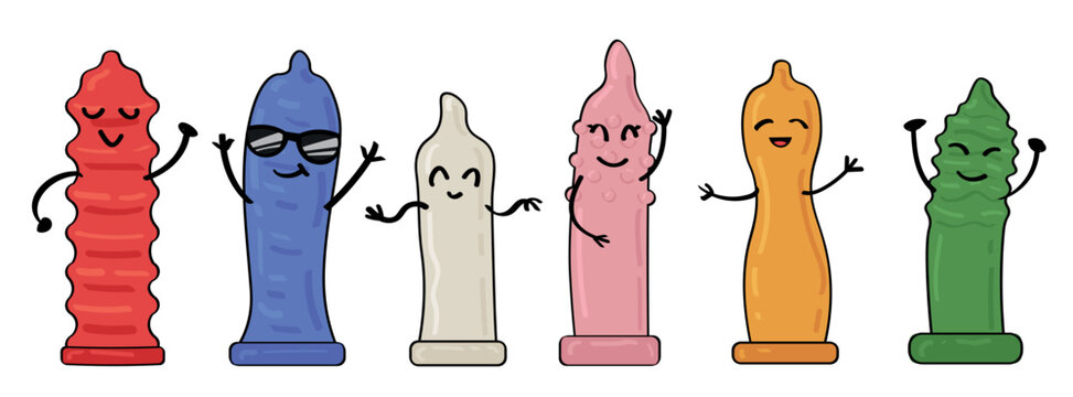 Many funny condoms on white background
