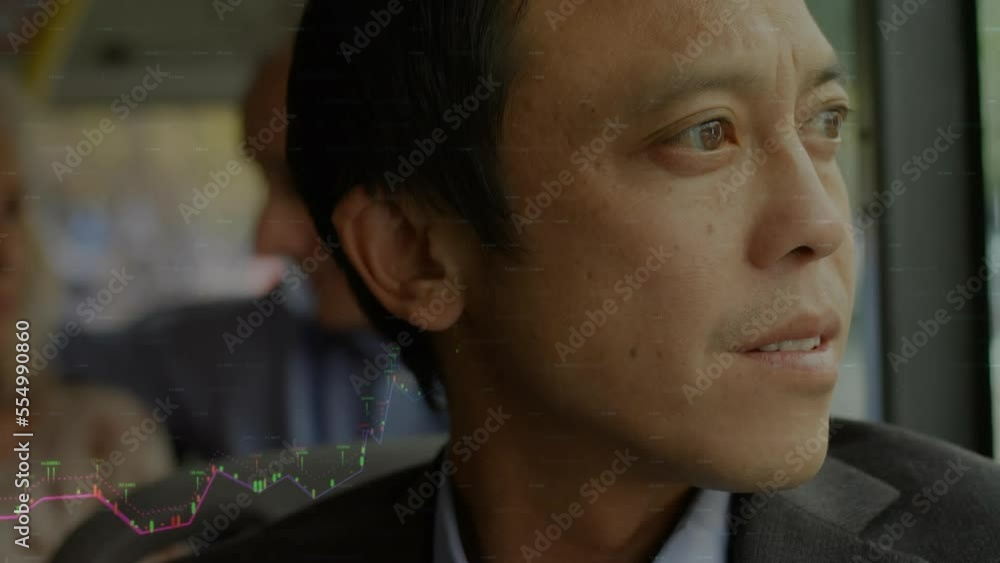 Poster animation of graphs over asian man looking through window of bus