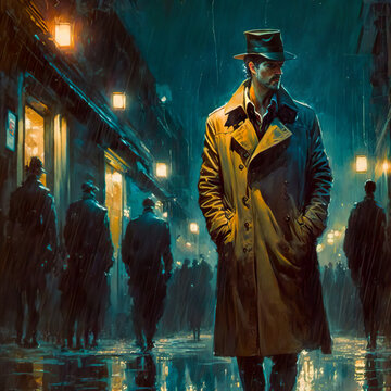 Handsome man wearing suit, tie and trench coat walking city streets at night in the rain. Illustration. Digital oil painting