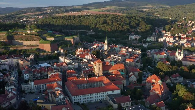 Aerial view of the architecture of an old European city with red roofs, Klodzko city, Poland