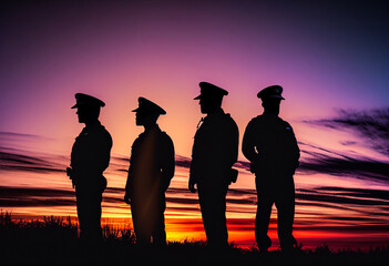 Silhouette of group of police officers at sunset. - obrazy, fototapety, plakaty