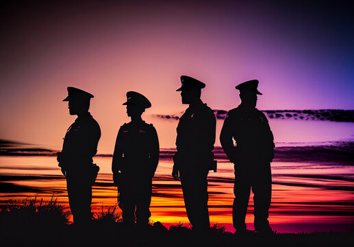 Silhouette of group of police officers at sunset.