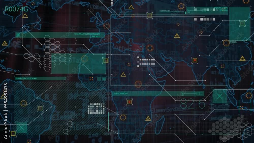 Poster animation of programming language over map, multiple shapes against black background