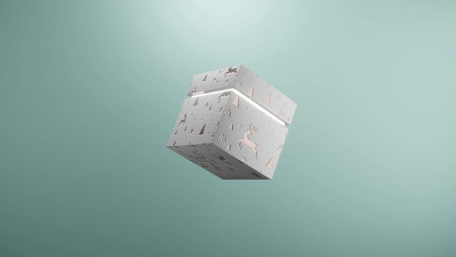 3D Short Christmas Animation featuring a box which open mid air to reveal a bright light and features christmas motifs - reindeer, tree and stars against a teal green background

