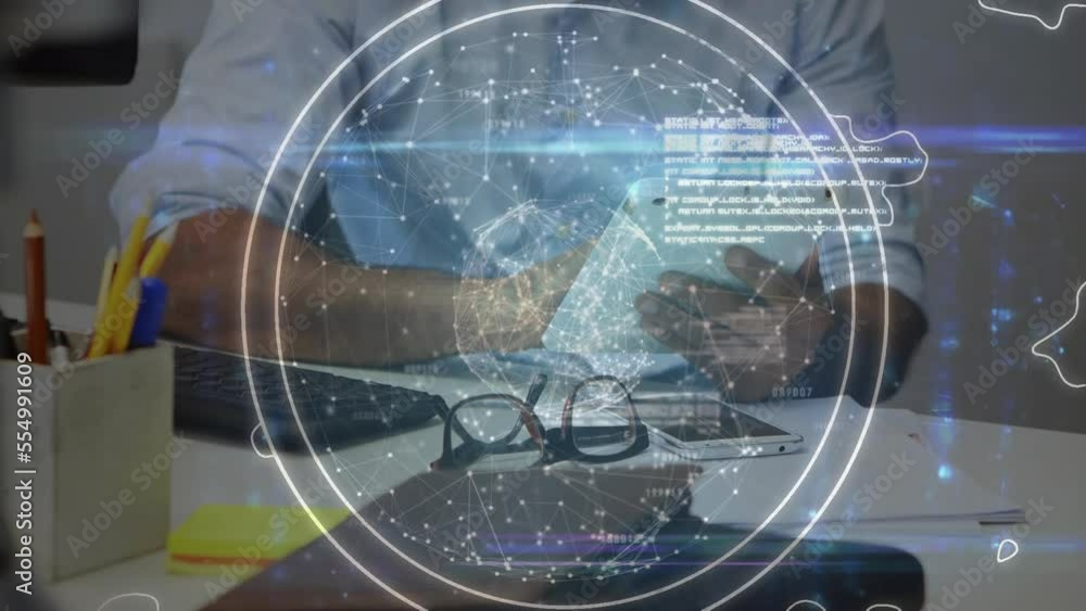 Poster animation of globe with connections and data processing over businessman using tablet