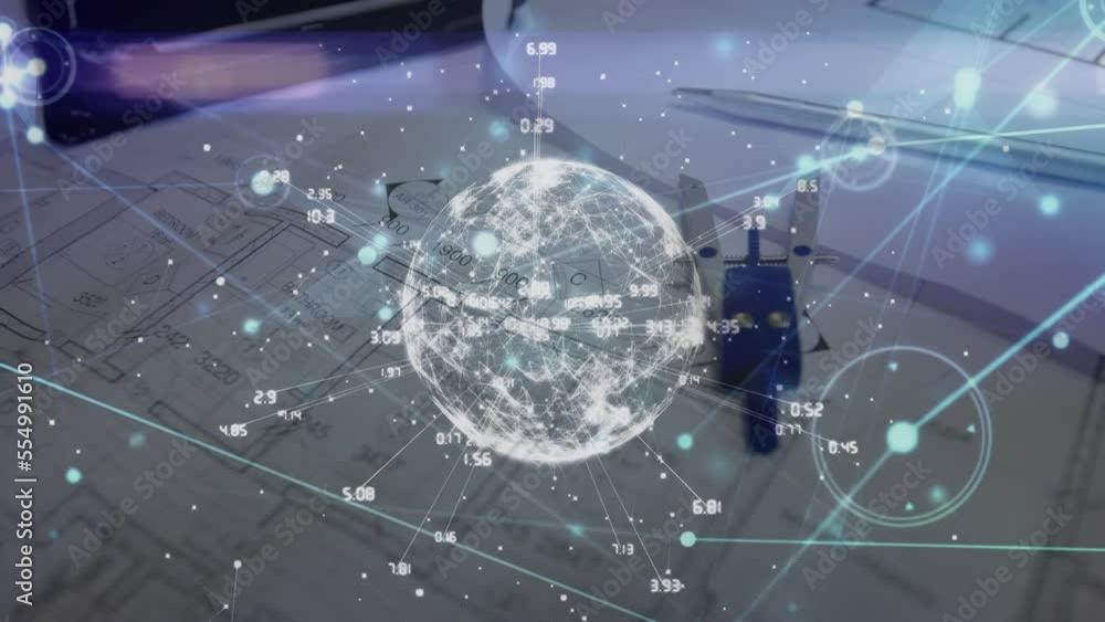 Poster animation of globe with connections and data processing over desk