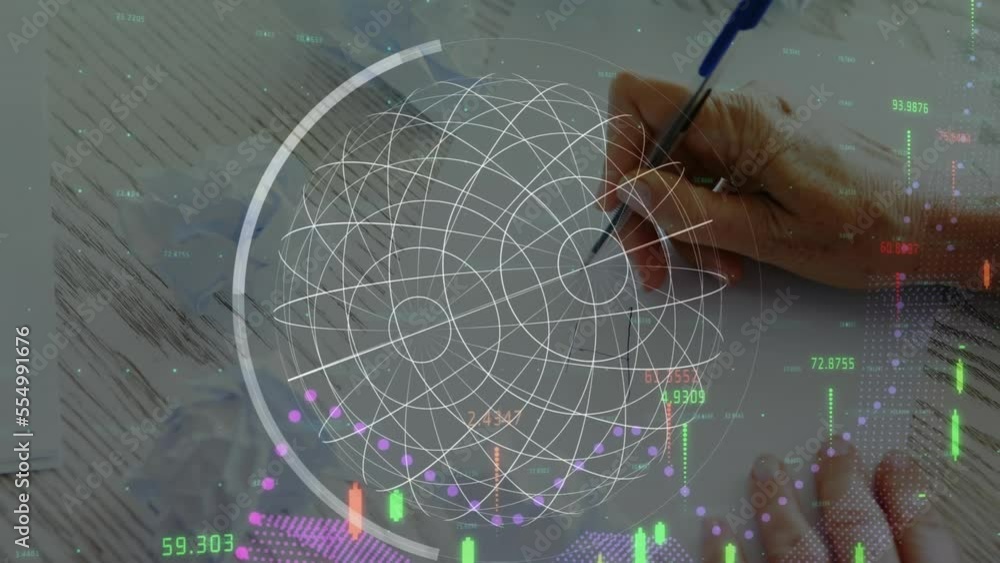 Aufkleber animation of globe with connections and data processing over businessman writing