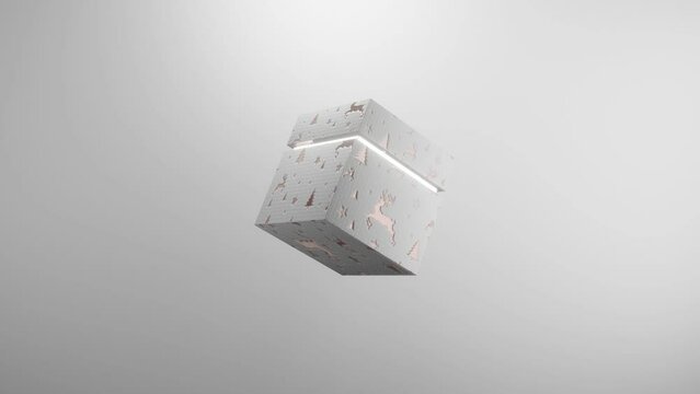 Short 3D Christmas Themed Animation featuring a Decorated Box which opens to reveal Happy Christmas against a white background