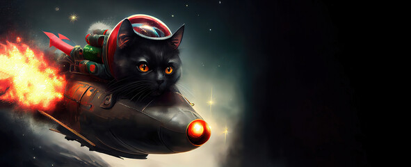 Black Christmas cat on the rocket flying in the Space. Generative AI.