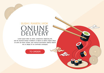 Online delivery sushi rolls banner with text