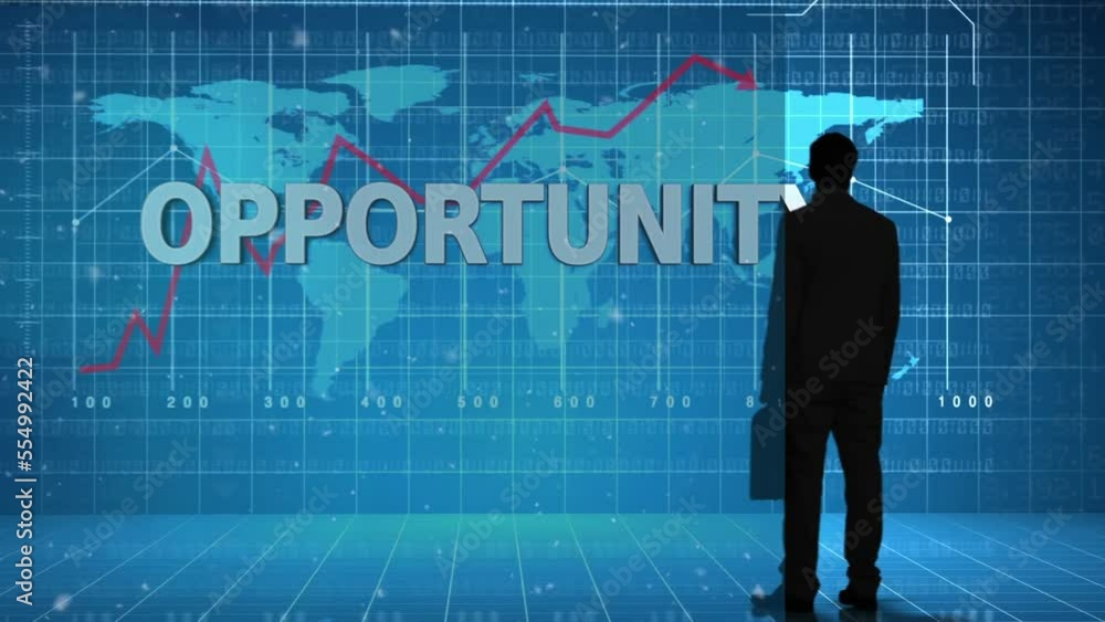 Poster animation of businessman over opportunity text and world map with data processing on blue background