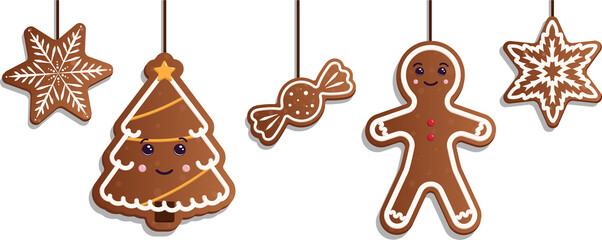 Set of Christmas gingerbread, set of Christmas decorations, tree decorations on a string
