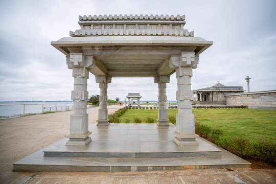 A wide shot of an ancient elephant chariot and pagoda shot in an ancient marble temple in India, Greek Roman influence