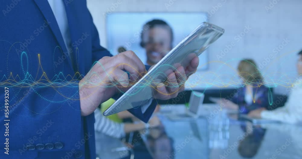 Poster animation of data processing over mid section of businessman using digital tablet at office