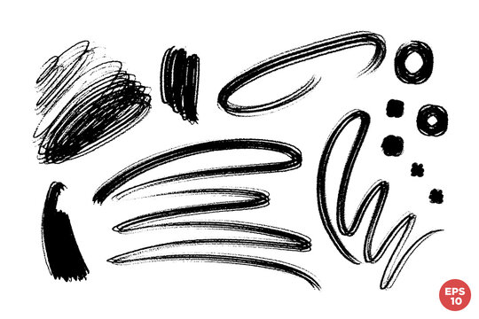 Grunge abstract artistic element set with scrawls, paint strokes and drawn circles. black color grunge shapes collection. Contemporary hand drawn clip art.