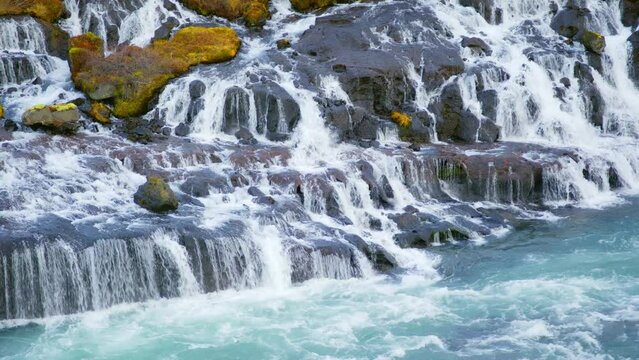 Waterfall in Iceland, Nature, Pure Turquoise Water in Mountain River, Shot in 8K Resolution 4320p