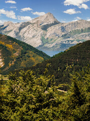 Mountain landscape with the Riaño Reservoir and Pico Yordas in spring. Leon. Spain 