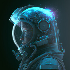 A lady scientist in full protective suit and gas mask with dramatic blue lighting as background in scientist lab, A woman wearing a radiation mask in a blue light, AI generated art