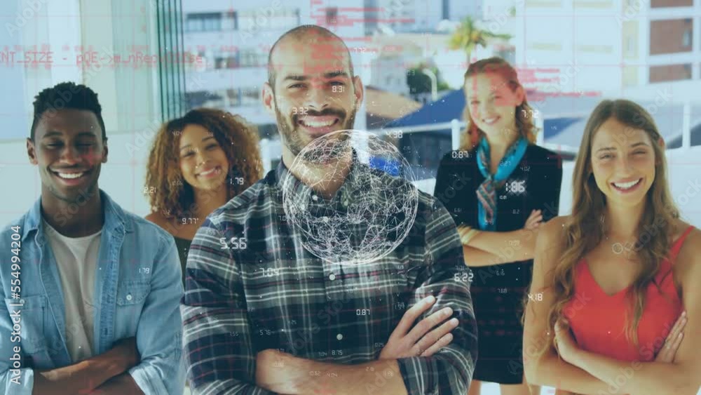 Poster animation of data processing and globe over happy diverse business people in office