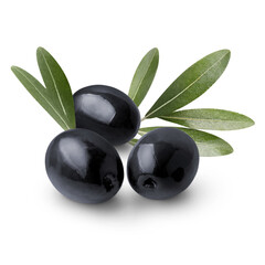 Delicious black olives with leaves, isolated on white background